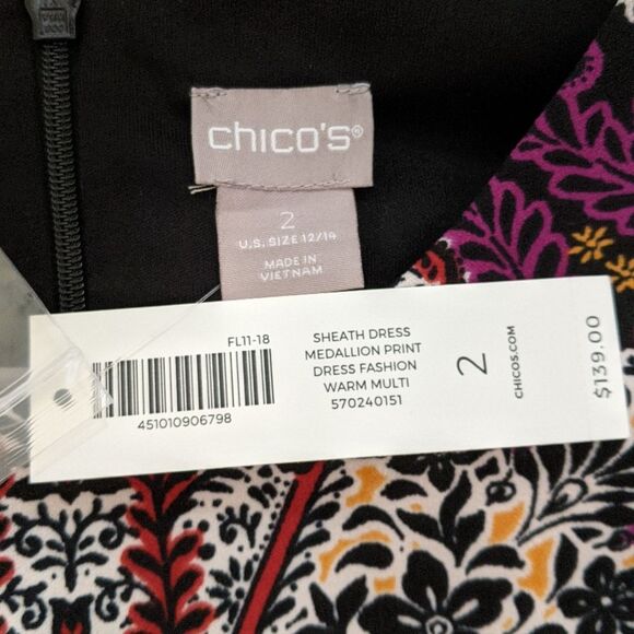 NWT Chico's Medallion-Print Dress Ikat paisley geometric print sheath dress 2/L - Picture 5 of 12